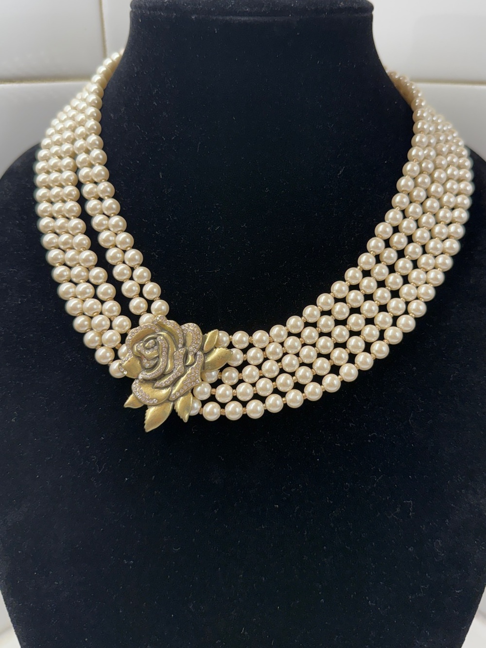 Five-Strand Cream Pearl Necklace with Gold Rose Accent
